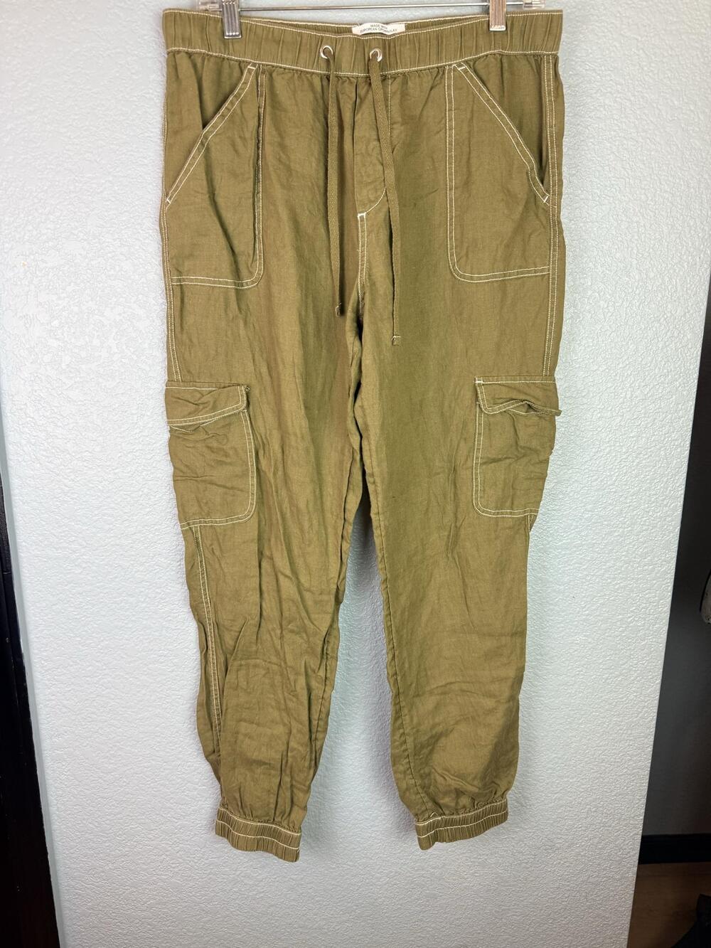 Nicole Miller Flax Pants Womens Medium Green Linen Cargo Jogger Pockets